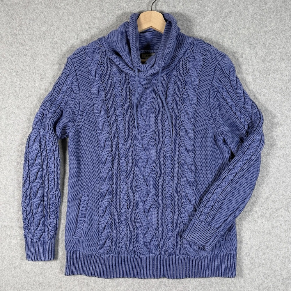 LL Bean Cable Knit Sweater Womens Large Blue Cowl Neck Heavyweight Fisherman